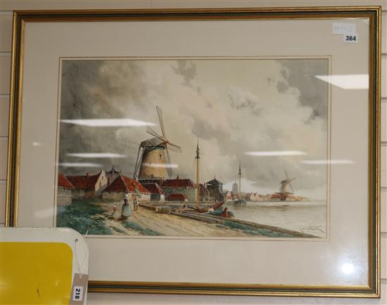 Louis Van Staaten, watercolour, windmills along the coast, signed, 40 x 60cm
